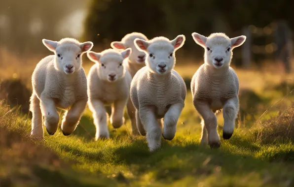 Glade, sheep, running, white, kids, company, sheep, the herd