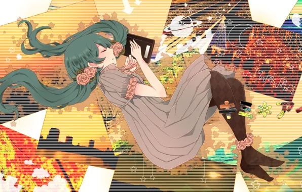 Roses, sleeping, characters, Hatsune Miku, Vocaloid, fotocollage