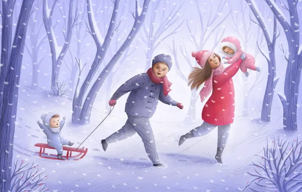 Picture winter, snow, family, art