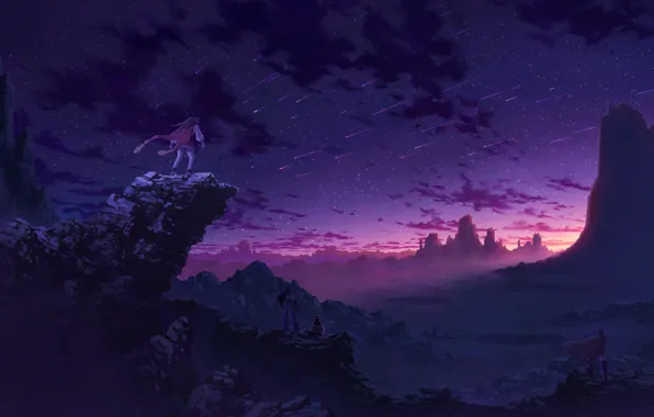 Sunset, mountains, rocks, anime, art, four, Starfall