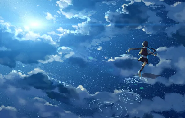 Picture the sky, water, girl, the sun, clouds, reflection, anime, art