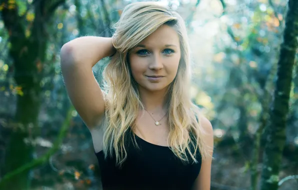 Forest, girl, smile, hair, necklace, direct look