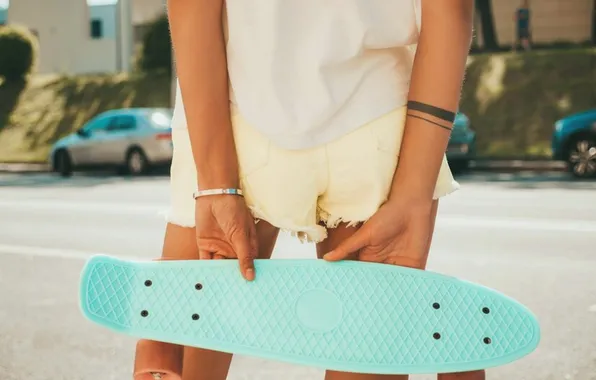 Summer, girl, feet, tattoo, shorts, skateboard
