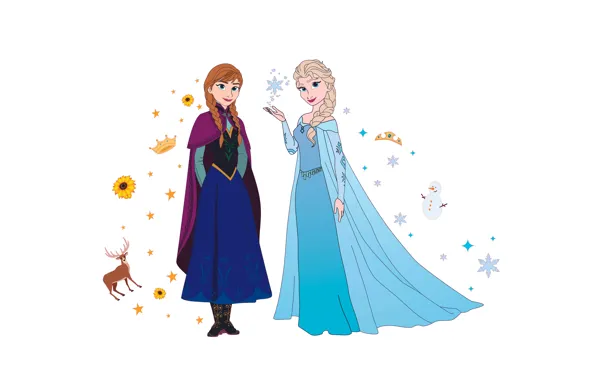 Girls, White background, Two, Disney, Anna, Anna, Cartoon, Elsa