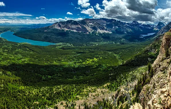 Forest, clouds, trees, mountains, river, rocks, panorama, Montana