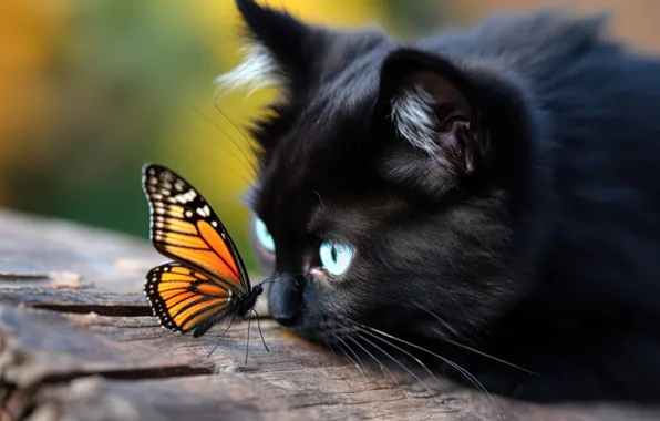 Cat, cat, kitty, butterfly, black, art, blue eyes, digital art