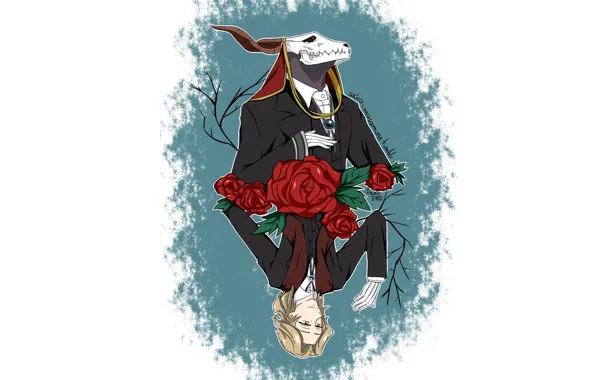 Skull, roses, guy, fascinator, Mahou Tsukai no Yome, Bride of the sorcerer