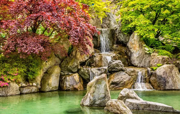 Autumn, pond, Park, stones, waterfall, the bushes