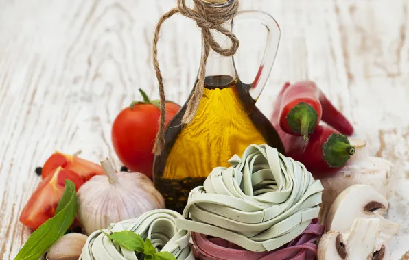 Oil, pepper, tomatoes, spices, pasta