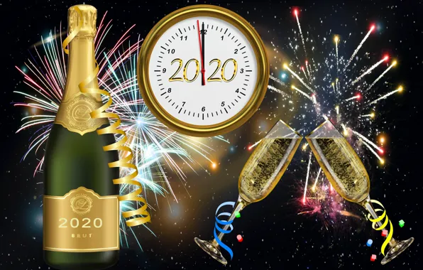 Picture New year, fireworks, dial, champagne, glasses, 2020