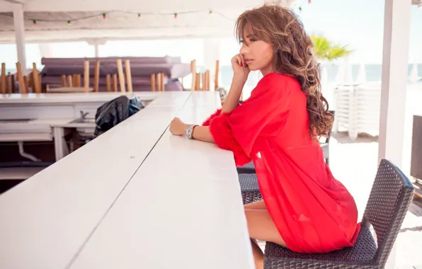 Beach, bar, chair, brown hair, in red, Arianna Eden