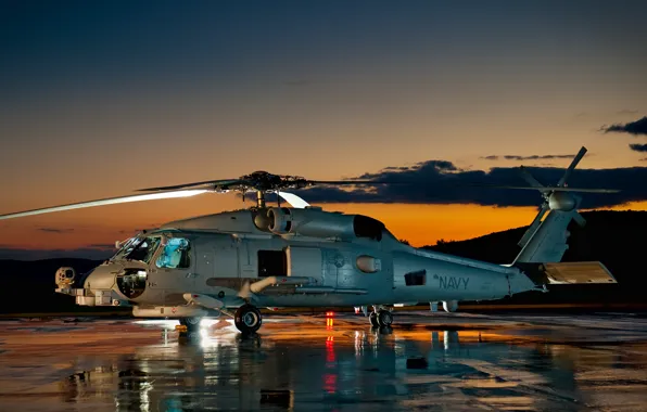 Sunset, The sky, Clouds, Mountains, Helicopter, Base, Multipurpose, Sikorsky