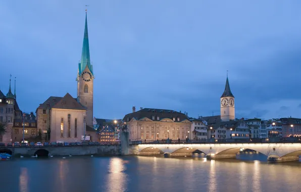 Bridge, lake, building, the evening, Switzerland, Zurich