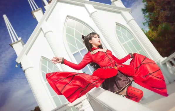 Picture white, the sky, look, girl, red, pose, style, movement