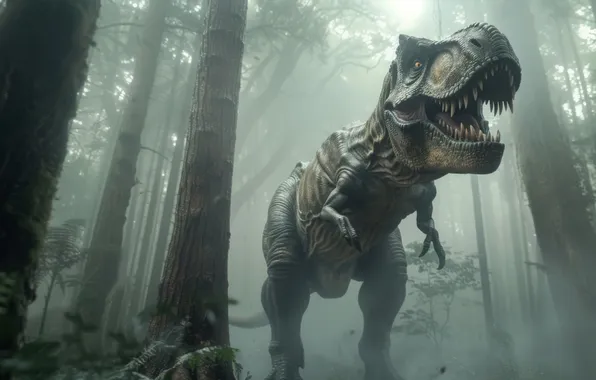 Picture Fog, Trees, Teeth, Face, Predator, Dinosaur, Animal, Digital art