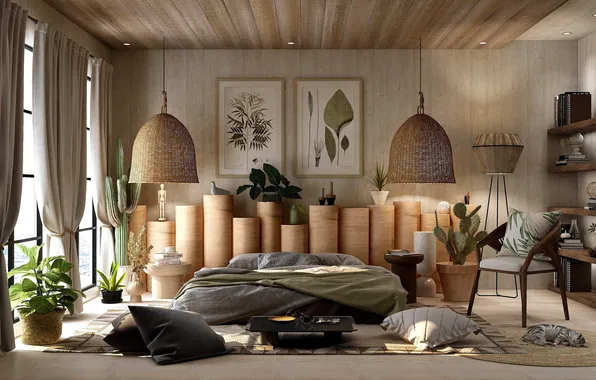 Design, room, interior, plants, bedroom, Asian style, ekostil