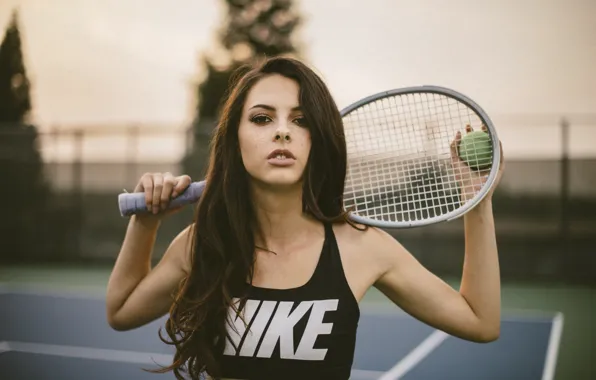 Picture look, brunette, racket, freckles, tennis