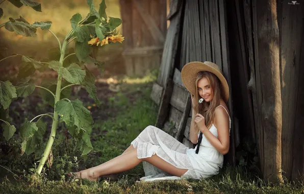 Look, girl, smile, mood, sunflower, hat, Dmitry Arhar, Dmitry Arhar