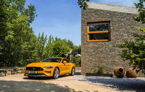 Orange, wall, Ford, 2018, fastback, Mustang GT 5.0