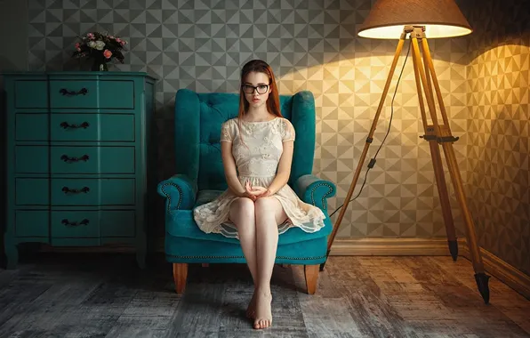 Girl, dress, model, redhead, interior, glasses, cute, long-haired