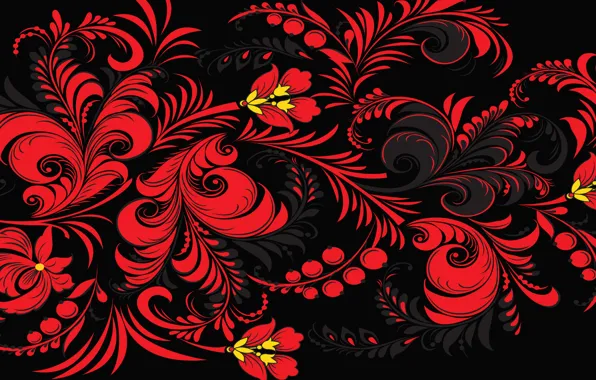 Flowers, red, background, patterns, pattern, Russia, Khokhloma