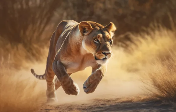 Pose, running, lioness, digital art, AI art, neural network, the art of artificial intelligence