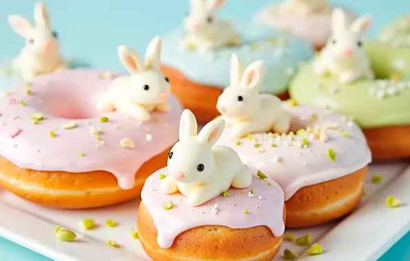 Table, holiday, spring, Easter, rabbits, white, dessert, cakes