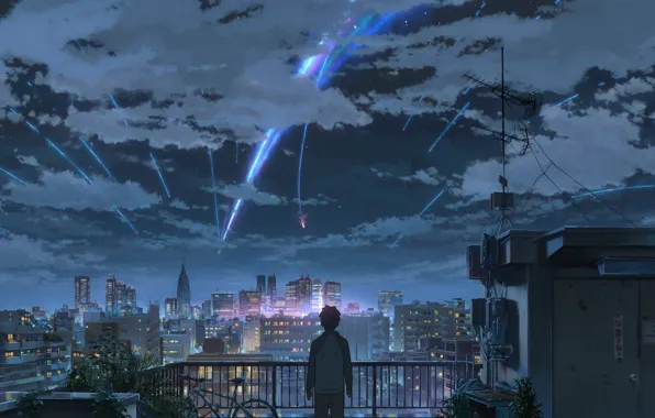 Roof, the sky, night, the city, Makoto Xingkai, Kimi no VA On