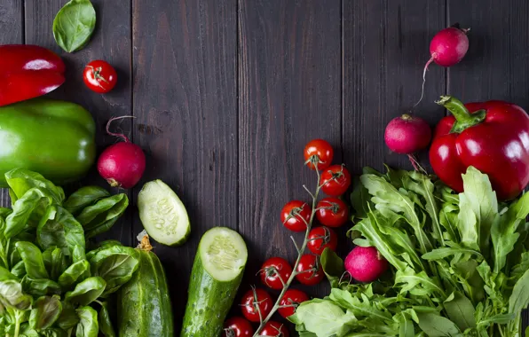 Cucumber, pepper, vegetables, tomato, radishes, Basil, arugula