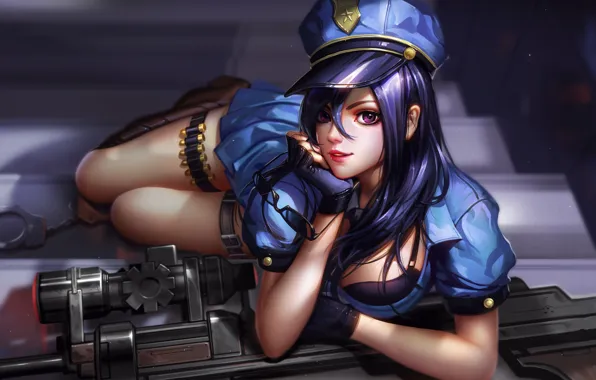 Picture gun, weapon, police, anime, purple eyes, pretty, sniper, cop