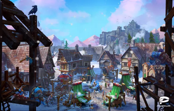 Home, Mountains, Raven, Snow, Wall, Axe, Fortress, The village