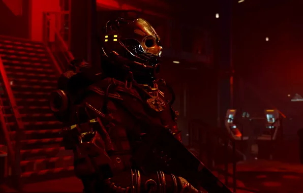 Red, weapons, skull, costume, helmet, armor, rifle, starfield