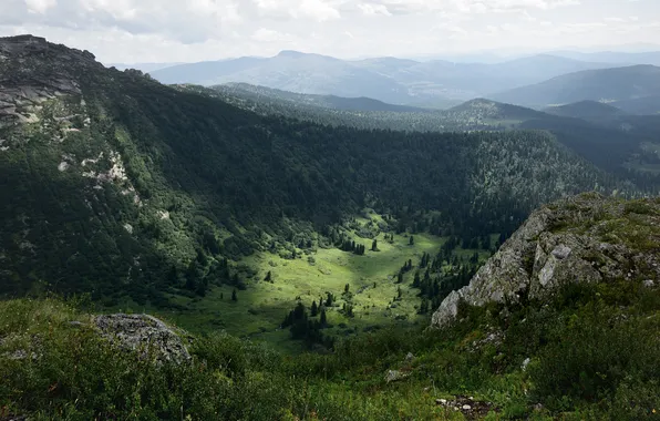 Trees, mountains, horizon, haze, forest, mountain landscape, Sayan, Alexey Nikonov