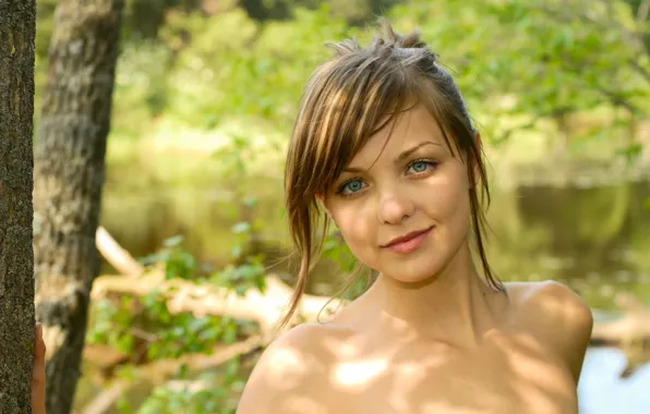 Picture greens, look, girl, trees, nature, smile, river, brown hair