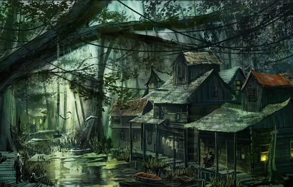Picture forest, people, swamp, home, village, art, buildings