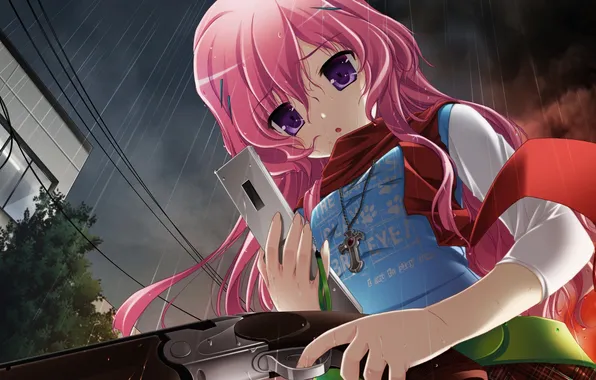 Girl, weapons, rain, scarf, art, phone, revolver, cross