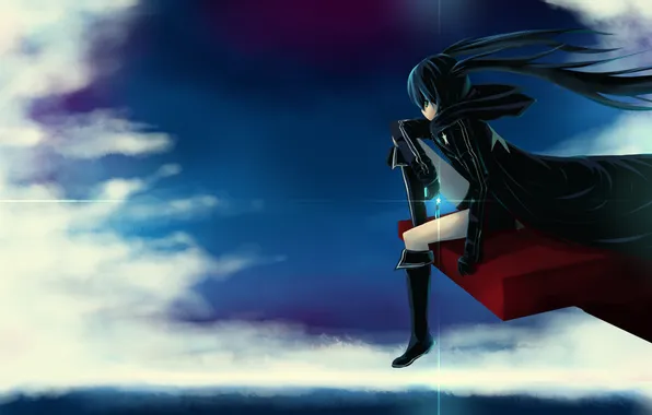 The sky, clouds, the wind, Shine, height, girl, cloak, black rock shooter