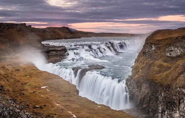 The sky, mountains, river, rocks, waterfall