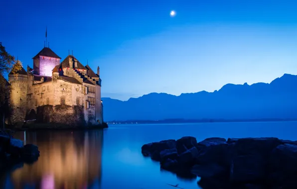 Moon, night, lake, castle, swiss, Castle Of Chillon