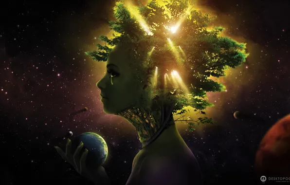 Picture greens, girl, space, planet, profile, tears, desktopography, crown