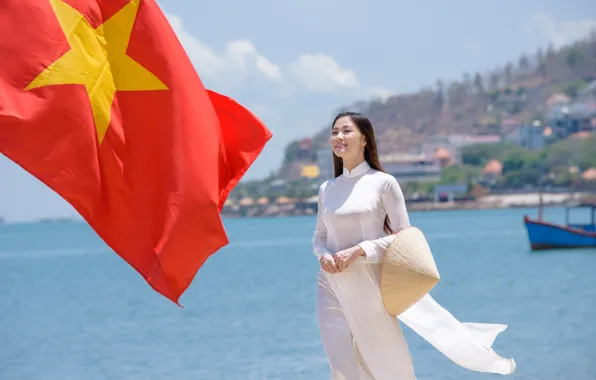 Picture summer, girl, face, dress, flag, Vietnam