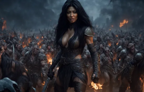 Girl, army, warrior, monsters, army
