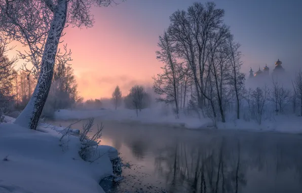 Winter, snow, trees, reflection, river, dawn, morning, Russia