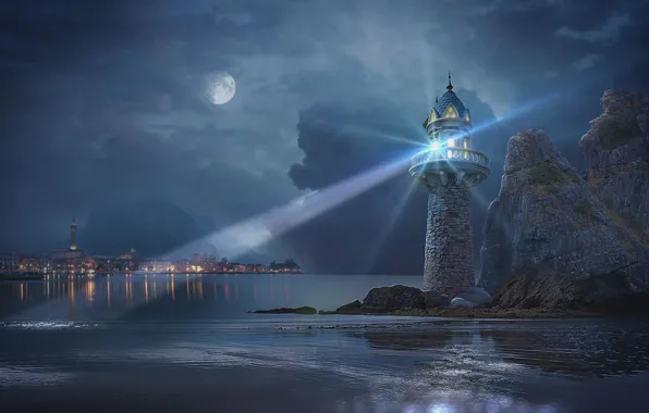 Lighthouses At Night And Moon