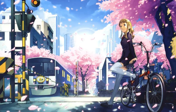 City, the city, smile, train, skyscrapers, anime, Sakura, smile