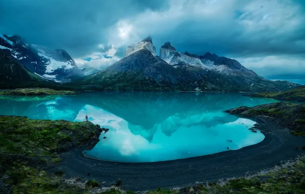 The sky, clouds, mountains, lake, reflection, blue, stones, rocks