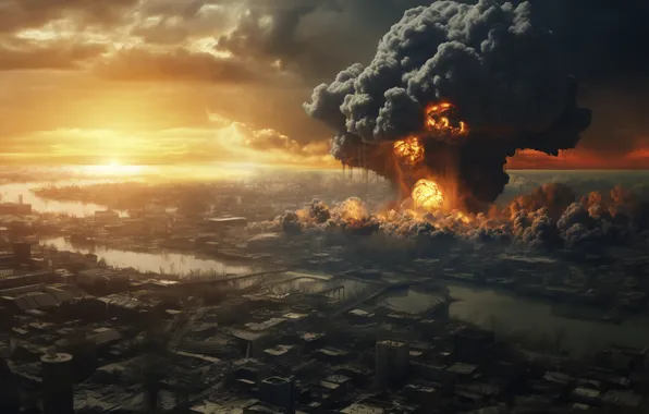 The city, Mushroom, The explosion, Dawn, Digital art, A nuclear explosion, Destruction, AI art
