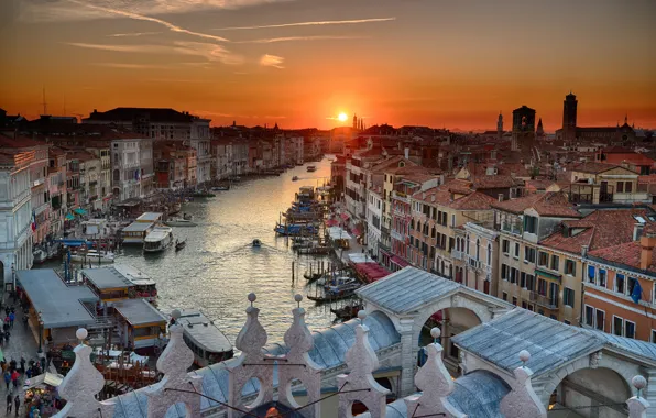 The sky, water, the sun, sunset, home, boats, Italy, Venice