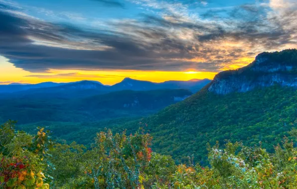 The sky, clouds, trees, sunset, mountains, valley