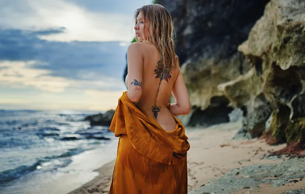 Sea, girl, pose, coast, back, figure, tattoo, blonde